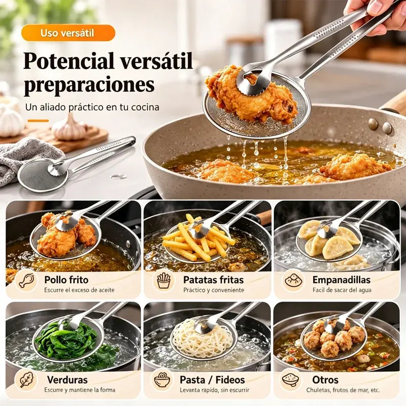 Pinzas para alimentos y colador de aceite 2 en 1 de acero inoxidable