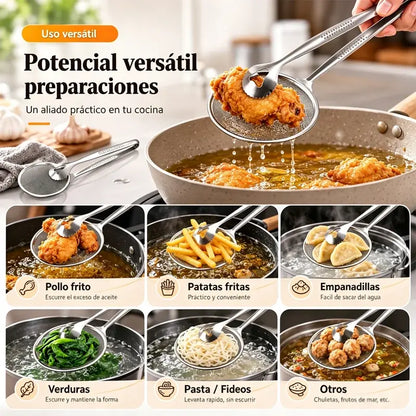 Pinzas para alimentos y colador de aceite 2 en 1 de acero inoxidable