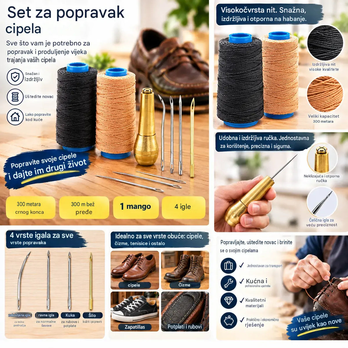✨Sada 50 % popusta!✨ Set od 5 dijelova za šivanje kože (šilo i voštani konac): alat za ručno šivanje i obradu kože.
