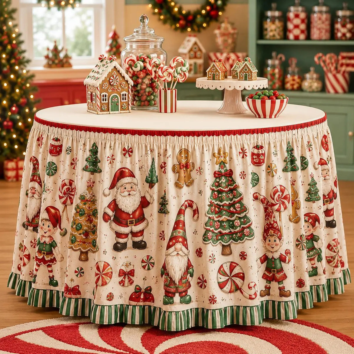 【210cm*75cm】 Mantel con estampado de Santa Claus y renos para fiestas navideñas