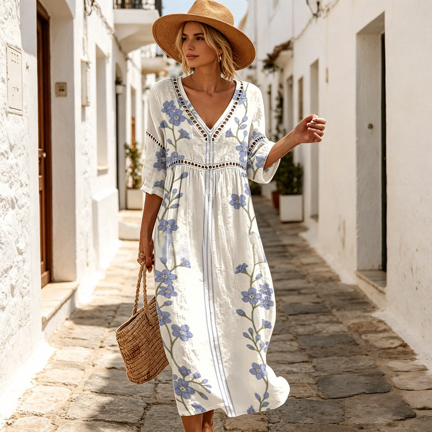 👗【S-3XL】Ženska duga haljina od pamučnog lana s printom - ljetni stil, V-izrez