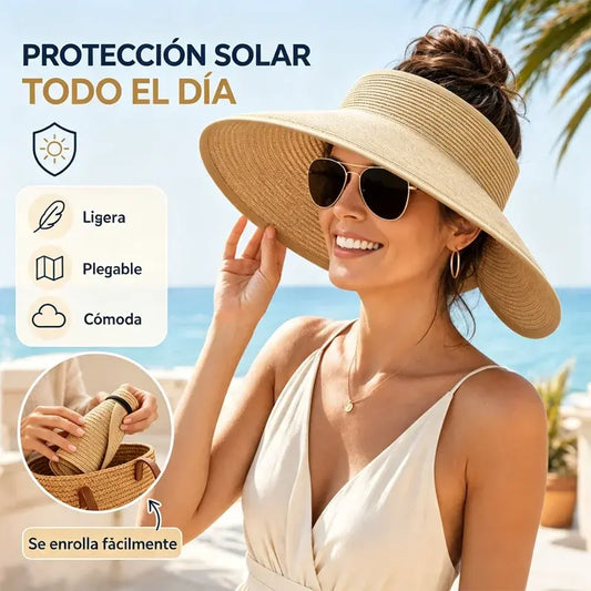 🏖 Sombrero de sol para mujer, sombrero de paja con protección UV UPF para la playa, sombrero de verano plegable de ala ancha para coletas, fácil de guardar y transportar.