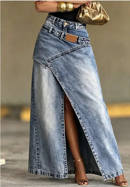 🥇【S-3XL】Damska dżinsowa spódnica maxi z warstwowym pasem; luźny krój, stylowy fason.