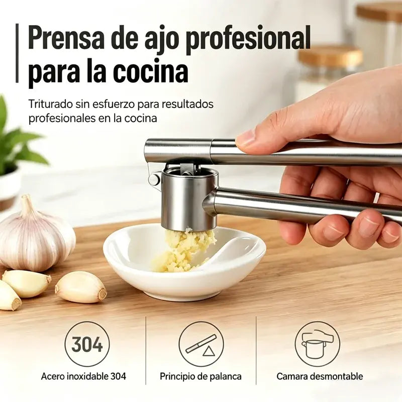Prensa de ajos de alta calidad con mango ergonómico para facilitar el prensado.
