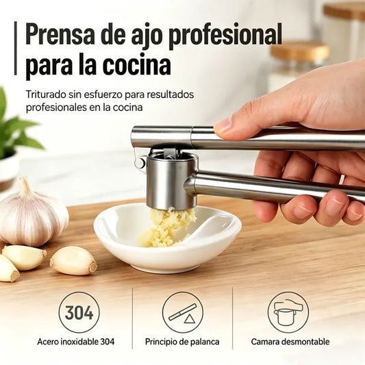 Prensa de ajos de alta calidad con mango ergonómico para facilitar el prensado.
