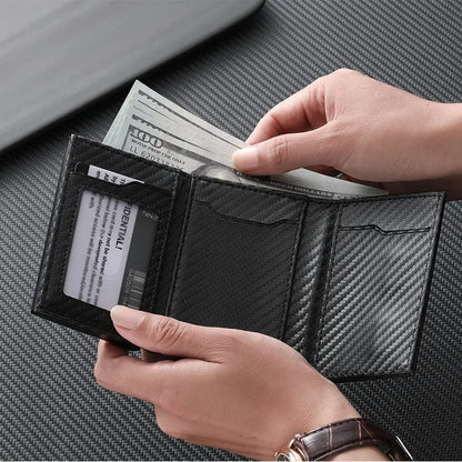 Cartera RFID para hombre: tarjetero de tres cuerpos de fibra de carbono y cartera de piel con cierre magnético y bolsillo para monedas.