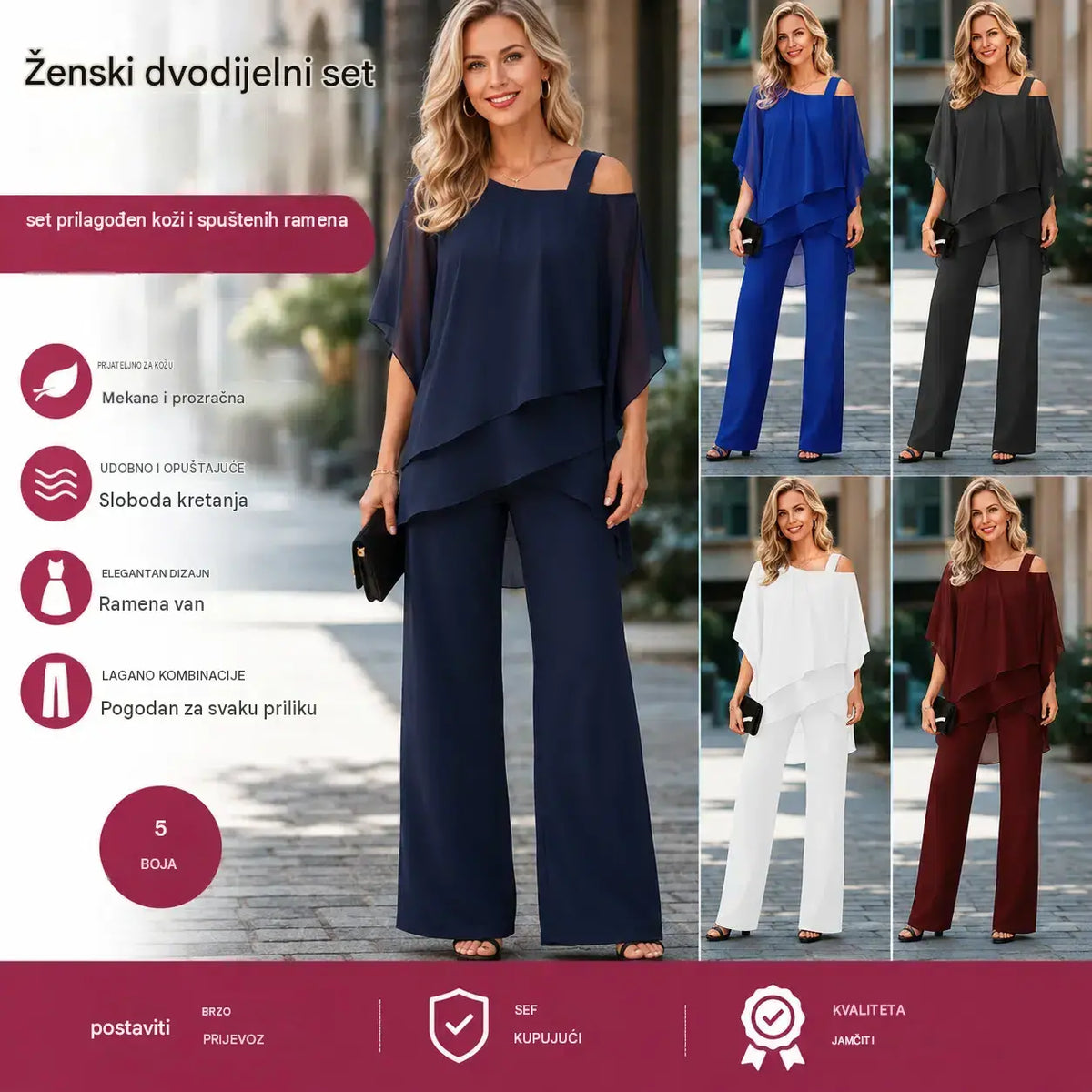 ⏳ Vremenski ograničena ponuda ⏰【50-120 kg】👚👖 Ženski dvodijelni set: Tkanina ugodna za kožu, dizajn spuštenih ramena ✅【Majica + hlače】