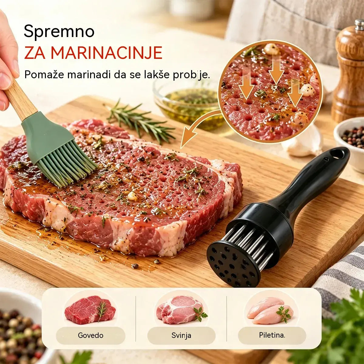 Omekšivač od nehrđajućeg čelika s 21 iglom, pogodan za odreske, roštiljanje i kuhanje.