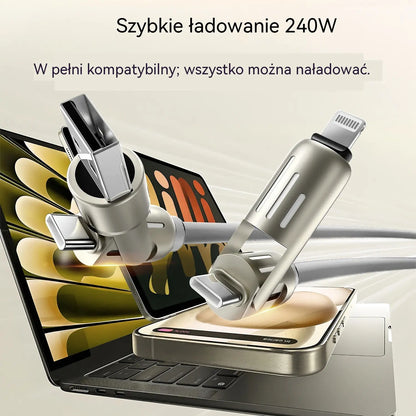 🔥 【2 sztuki za 89 zł】 🔥 (2 metry długości) Kabel 4 w 1 PD 240 W – USB-C, Lightning i szybkie ładowanie USB-A, aluminium i silikon, synchronizacja danych ⚡📱