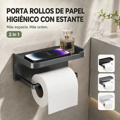 Soporte de papel higiénico de pared con accesorios, base resistente, estante de baño moderno, fácil de instalar, puede sostener teléfonos móviles y otros objetos.