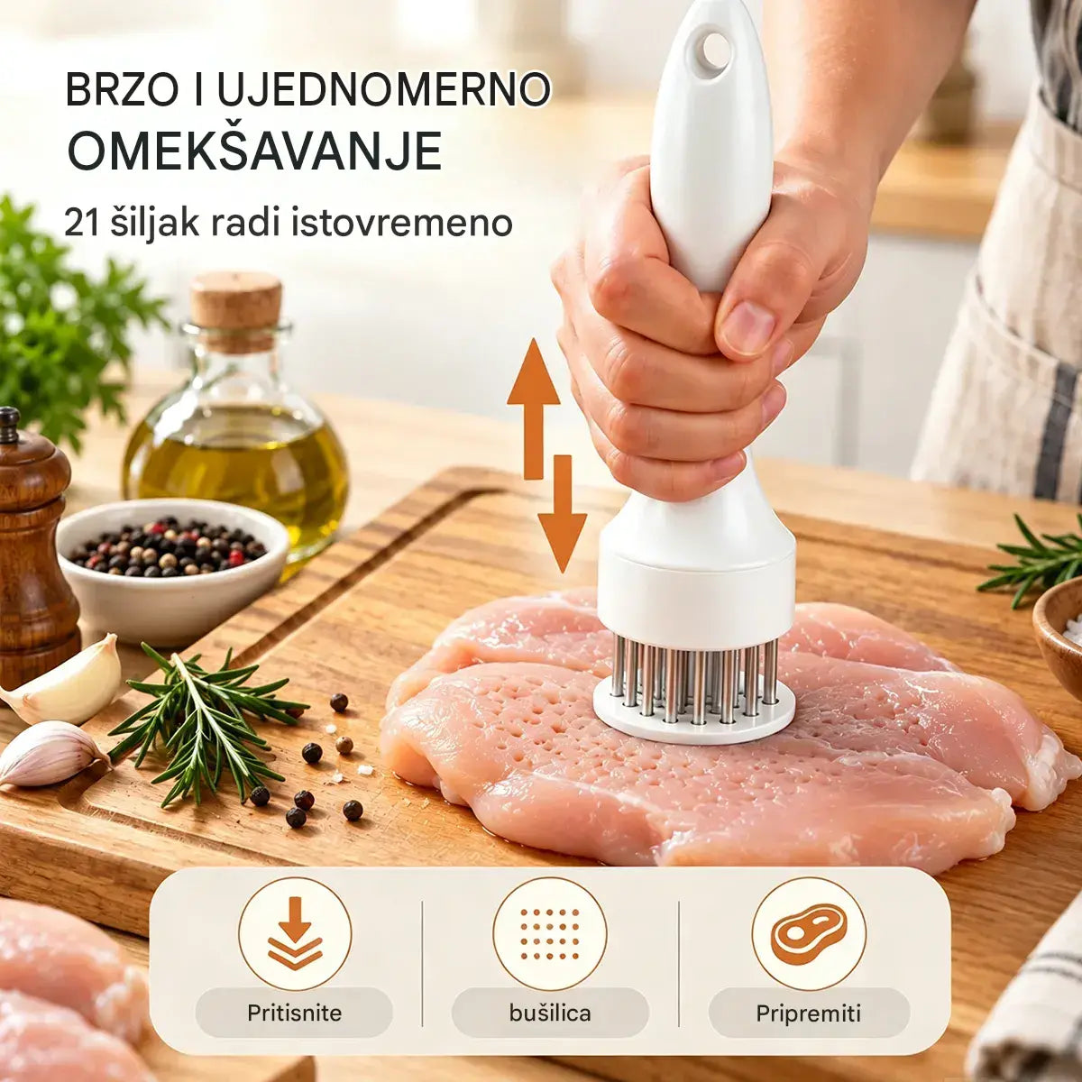 Omekšivač od nehrđajućeg čelika s 21 iglom, pogodan za odreske, roštiljanje i kuhanje.