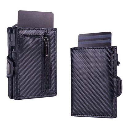 Cartera tarjetero con sistema de expulsión automática, protección RFID y seguridad antirrobo (cuero auténtico)