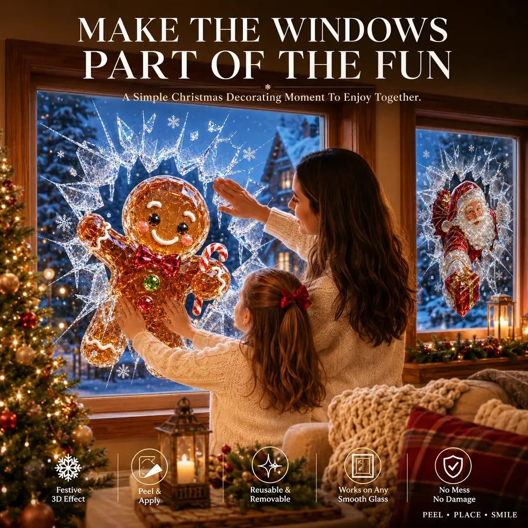 2 artículos por 28 €-✨🎄Adhesivo para ventana con efecto de rotura navideña — Decoración navideña 3D para ventanas con efecto de cristal roto