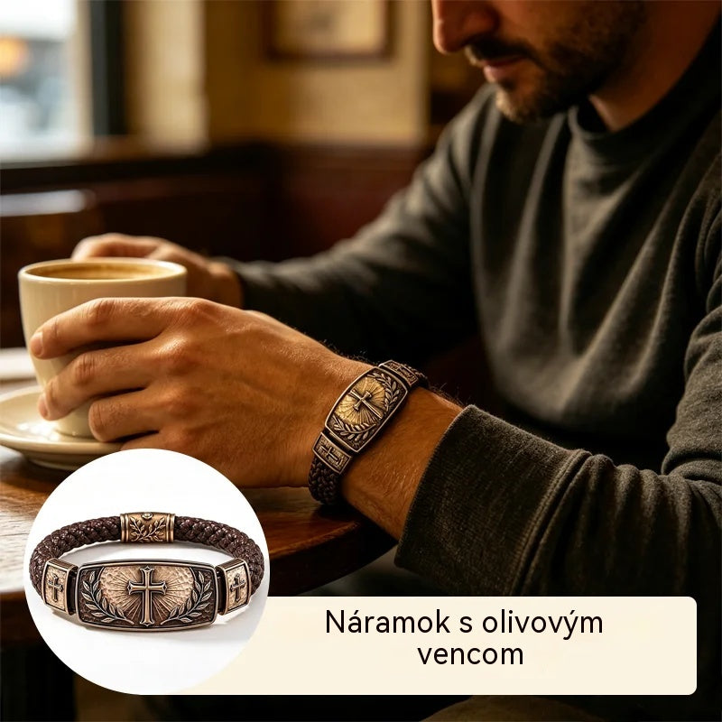 Pánsky náramok z pletenej kože s krížom a olivovou korunou, kov v štýle vintage, výnimočný darček