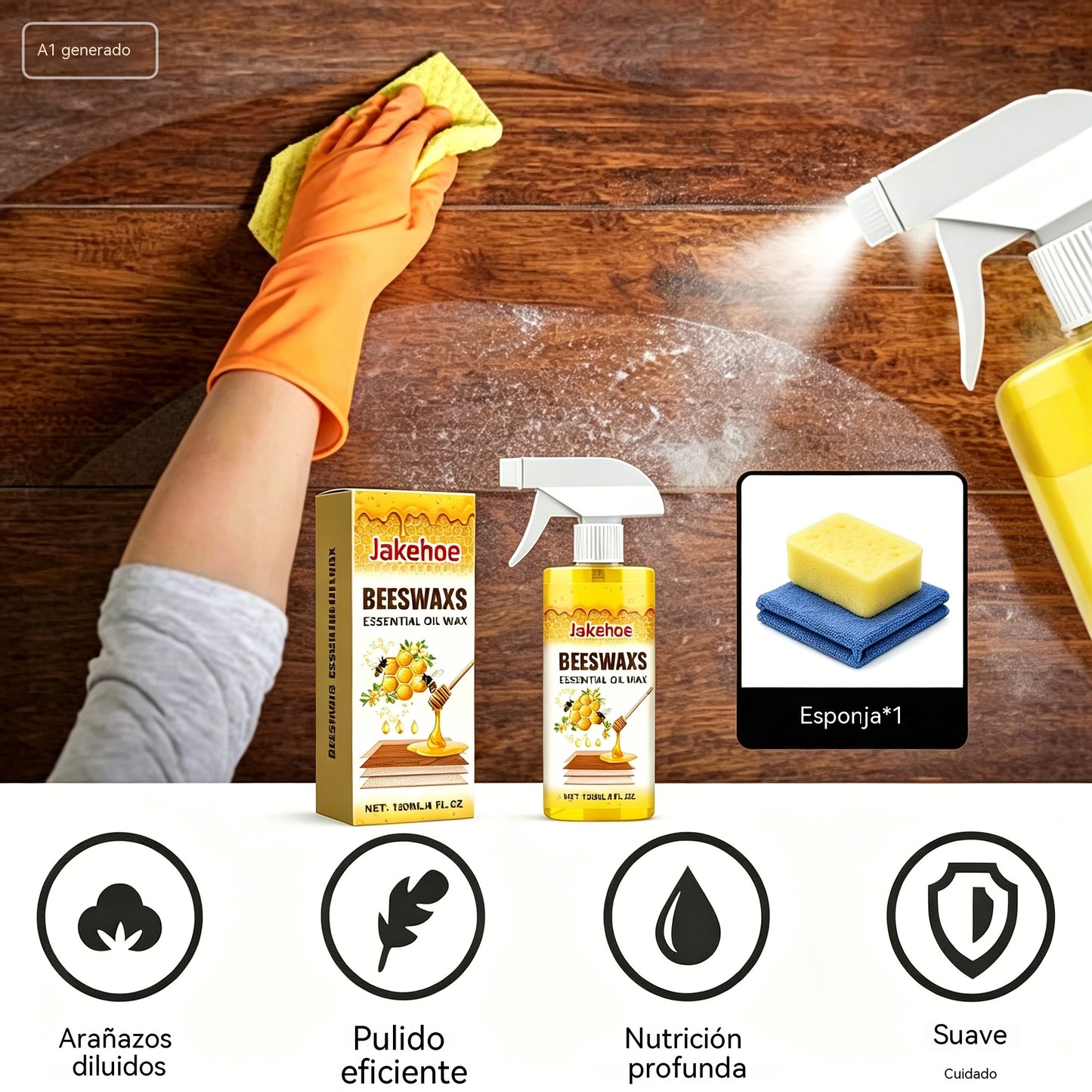 Spray abrillantador de madera con cera de abeja de 120 ml (incluye esponja y toalla) para el cuidado de los muebles, la prevención de grietas y la protección de la pintura.
