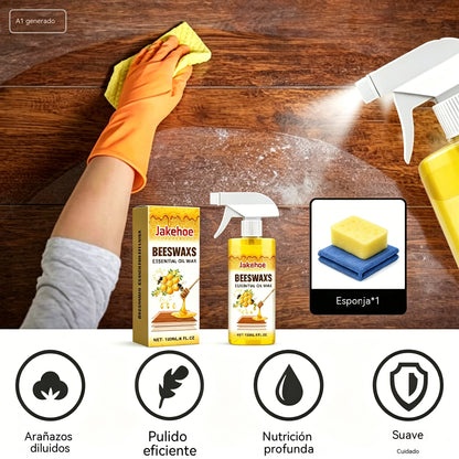 Spray abrillantador de madera con cera de abeja de 120 ml (incluye esponja y toalla) para el cuidado de los muebles, la prevención de grietas y la protección de la pintura.