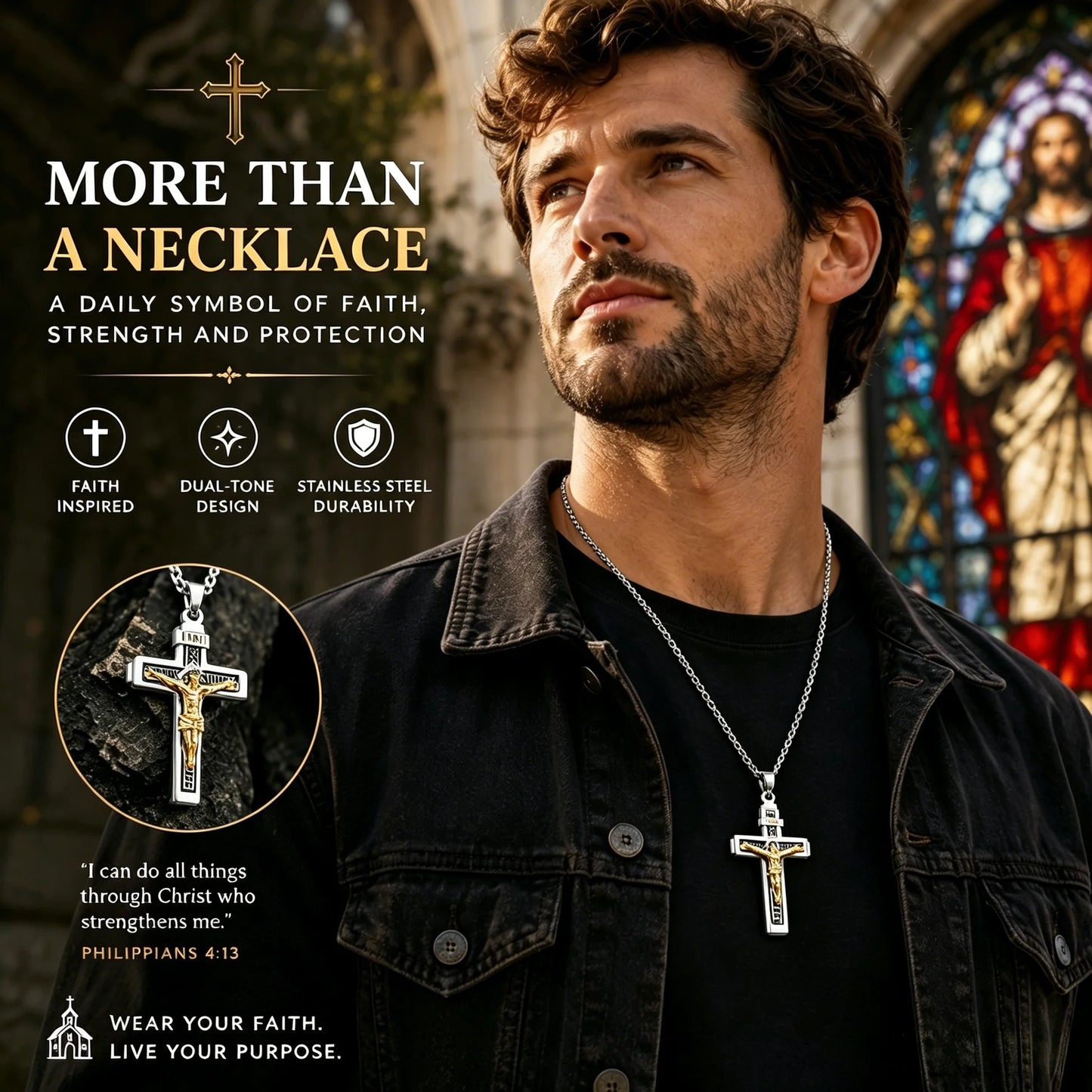 ✝️✨Collar minimalista de acero inoxidable con cruz para hombre - Colgante con la palabra "Fe" grabada