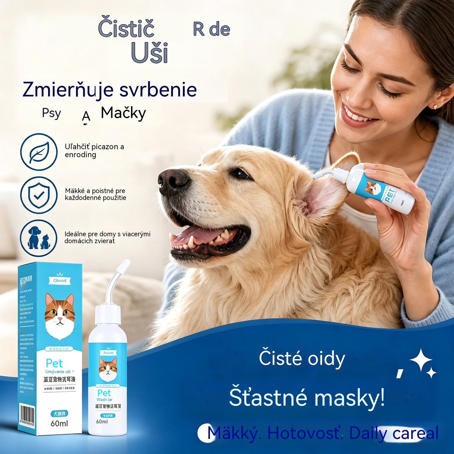 🐶🐱 Čistič uší na zmiernenie svrbenia v ušiach u psov a mačiek.