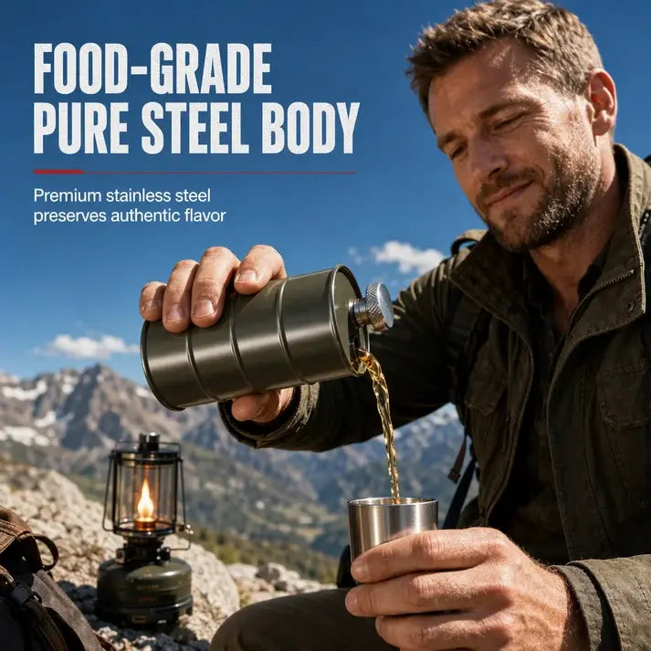 Petaca portátil de acero inoxidable 304 con forma de bidón para acampar al aire libre.