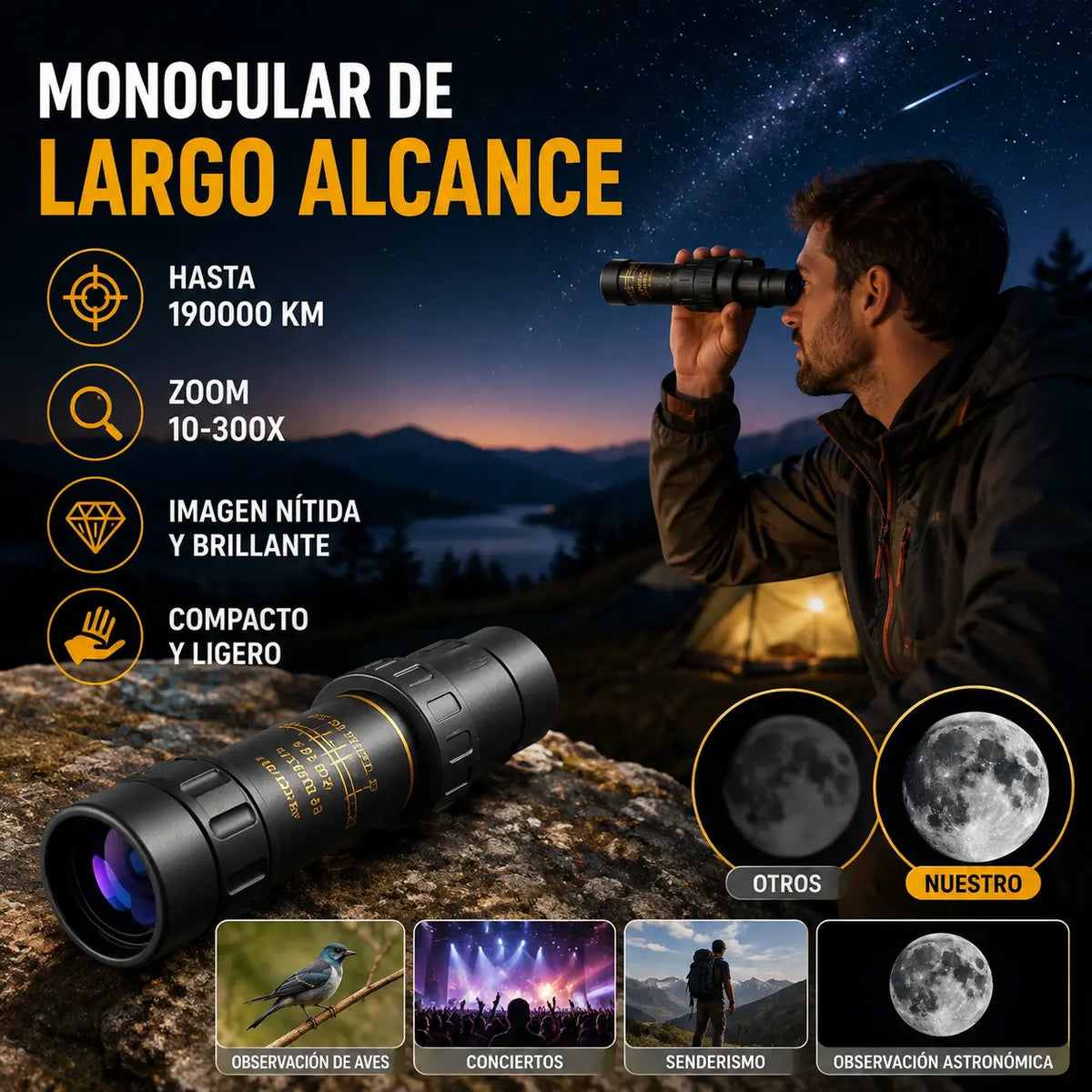 🔭✨ Monocular 10-300x40 con zoom – visión HD de alta potencia para actividades al aire libre y uso nocturno 🌙🏔️