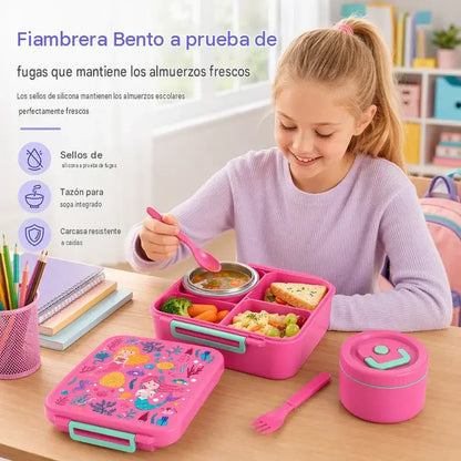 🍱Set de fiambrera tipo bento hermética de grado alimenticio para niños, con tazón para sopa y 4 compartimentos, ideal para estudiantes.