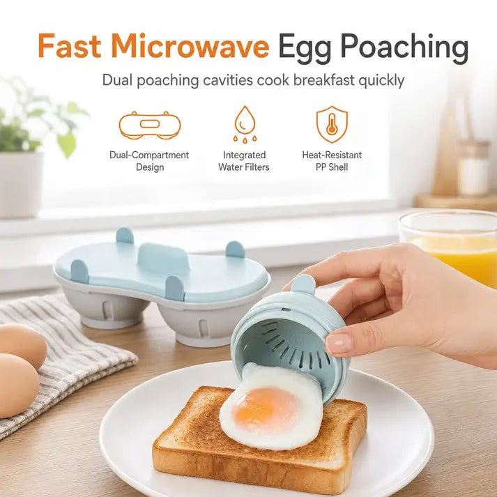 Caja de vaporizador de huevos para microondas con doble compartimento, molde para cocinar huevos de cocina