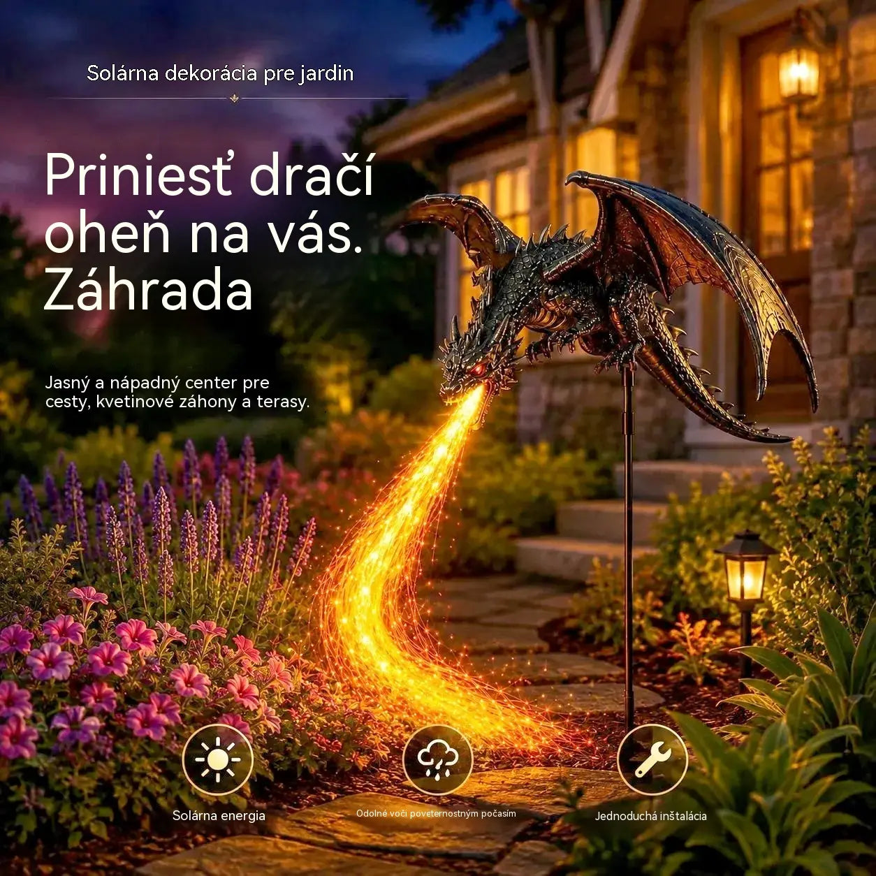 Nový produkt: Dekoratívna záhradná lampa v tvare ohnivého draka napájaná solárnou energiou.