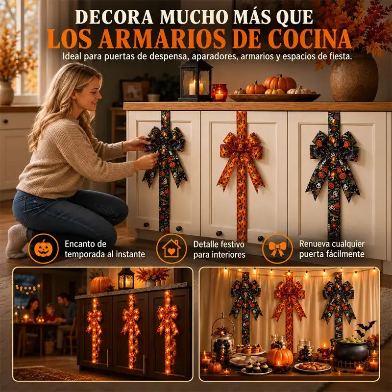 2 piezas 26€ 🎃 Decoración de lazo para armarios de Halloween: Divertida corona de cinta con forma de calabaza para armarios de cocina