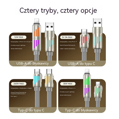 🔥 【2 sztuki za 89 zł】 🔥 (2 metry długości) Kabel 4 w 1 PD 240 W – USB-C, Lightning i szybkie ładowanie USB-A, aluminium i silikon, synchronizacja danych ⚡📱