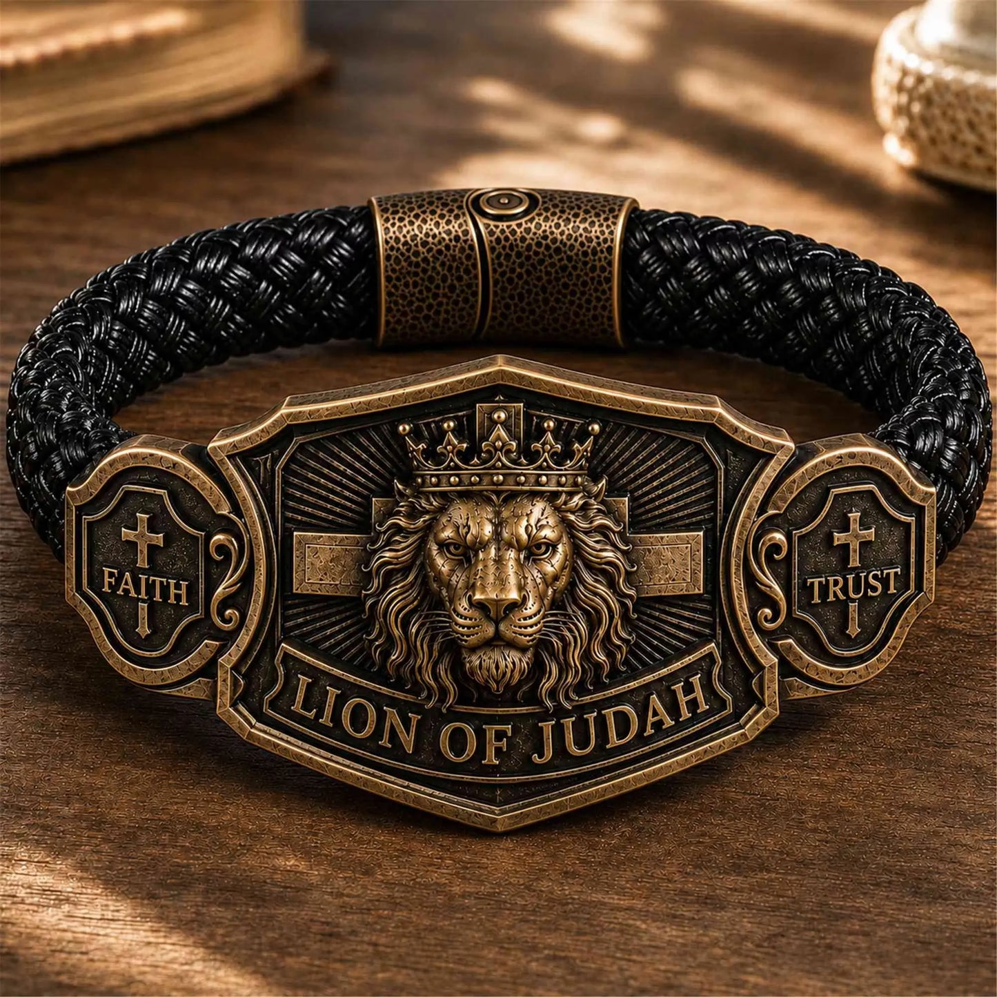 ✝️Pulsera personalizada para hombre con el León de Judá, diseño cristiano, texto, cordón trenzado negro, joyería religiosa, recuerdo religioso, regalo para el Día del Padre.