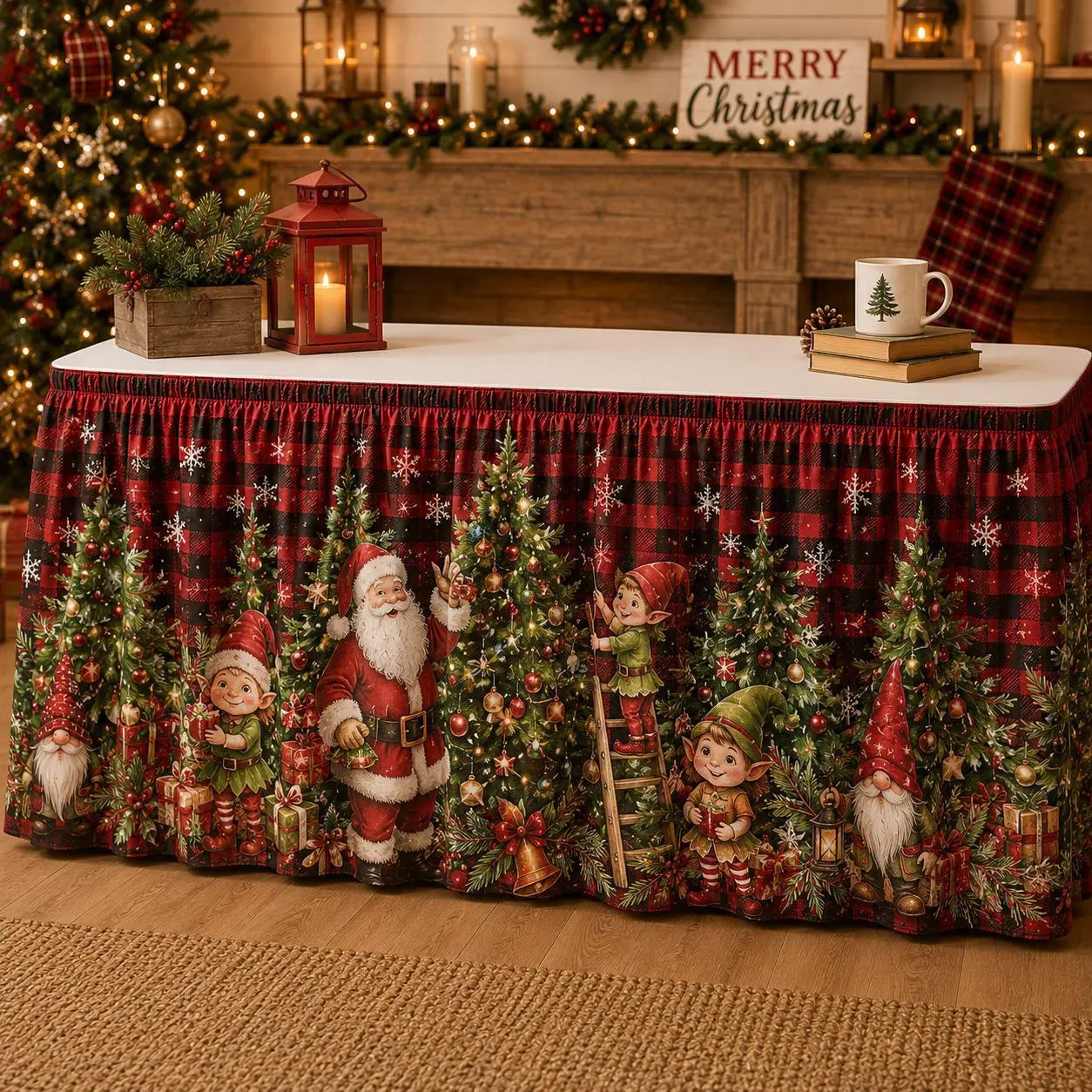 【210cm*75cm】 Mantel con estampado de Santa Claus y renos para fiestas navideñas