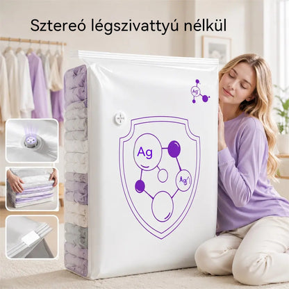 ✨(5 darab)💨 Nagy, összenyomható vákuumos tárolózacskó: nincs szükség pumpára, szivárgásmentes és ideális helytakarékosságra bőröndökben és otthon ✈️