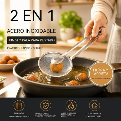 🍳 ¡A mitad de precio! Pinzas de cocina 2 en 1: combinan las funciones de recoger y escurrir en una sola. Fabricadas en acero inoxidable, perfectas para freír, escurrir y recoger alimentos. 💪✨
