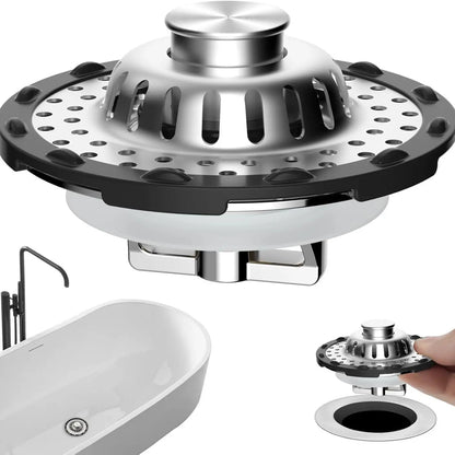 🚰 Tapón de desagüe emergente 3 en 1: filtro de desagüe cromado con recolector de pelo y cesta desmontable de acero inoxidable para lavabos de baño.