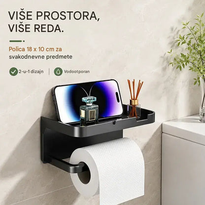 Zidni držač toaletnog papira s priborom, čvrsta baza, moderna polica za kupaonicu, jednostavna ugradnja, može držati mobitele i druge predmete.