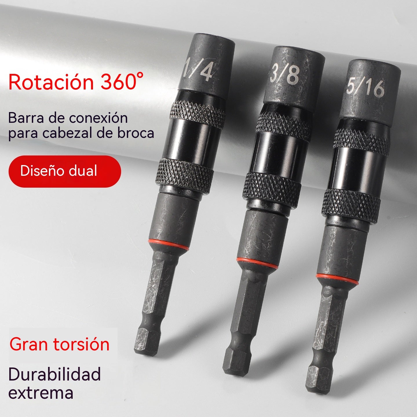 juego de 3 piezas--26€--Una varilla de extensión universal con rotación de 360° para brocas de taladro eléctrico.