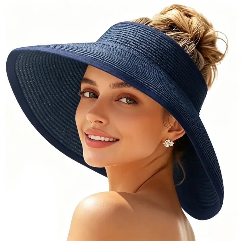 🏖 Sombrero de sol para mujer, sombrero de paja con protección UV UPF para la playa, sombrero de verano plegable de ala ancha para coletas, fácil de guardar y transportar.