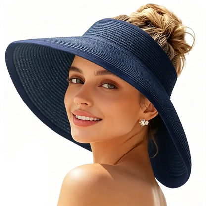 🏖 Sombrero de sol para mujer, sombrero de paja con protección UV UPF para la playa, sombrero de verano plegable de ala ancha para coletas, fácil de guardar y transportar.